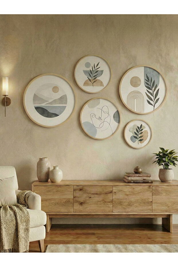 5 Piece Natural Color Wood Framed Mdf Painting Set - Bohemian Nordic Living Room Office Wall Decor Huhu871 - Round Painting Set