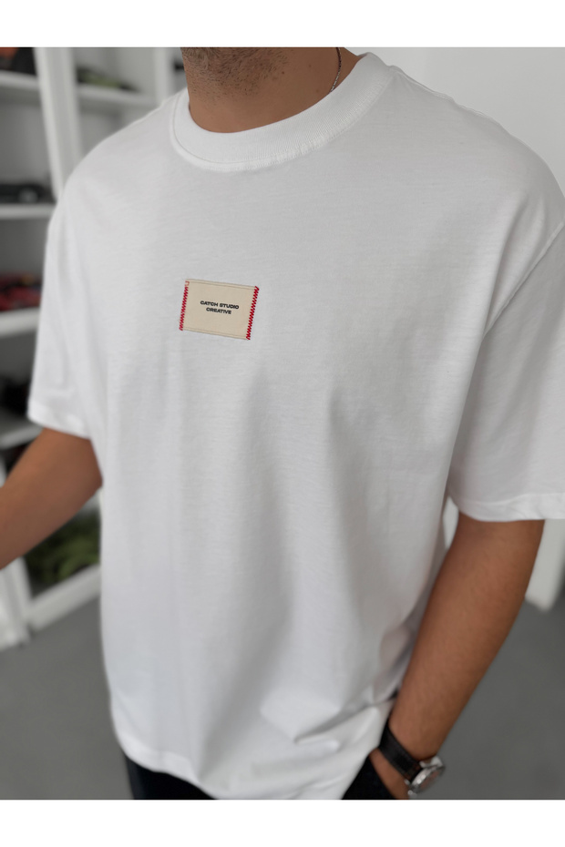 Beyaz Hasır Patchli Oversize T-Shirt C-023 - 5