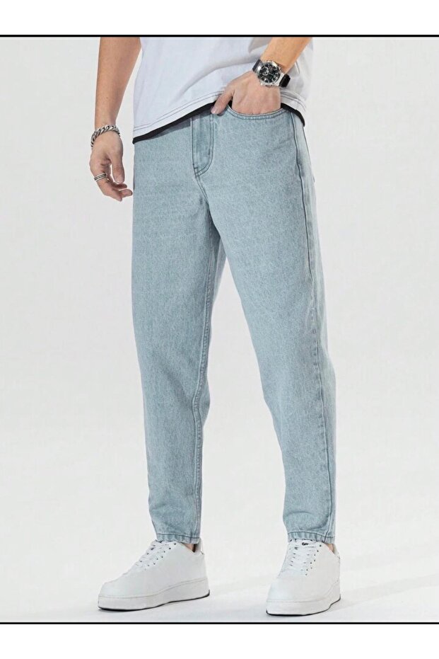 Light Blue Men's Jean Trousers Relaxed Fit Straight Leg Casual Jeans