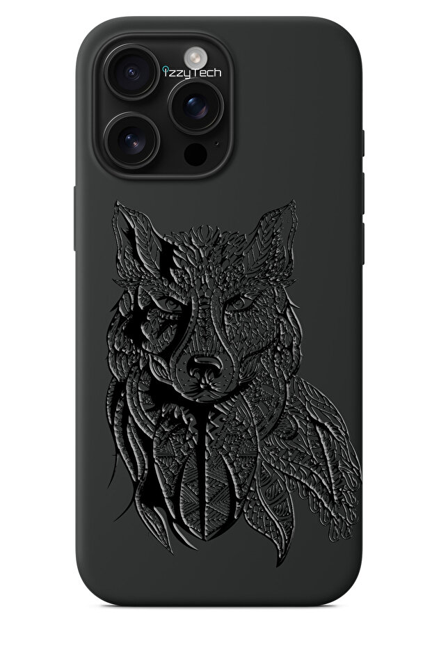 حافظة هاتف سوداء متوافقة مع iPhone 15 Plus - نمط بتأثير طلاء لامع على شكل ذئب - 1