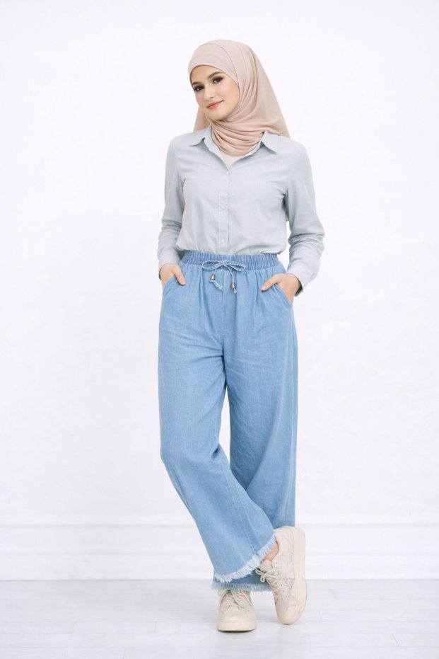 Women's Denim Fabric Loose Trousers with Tassels and Lace-Up Front