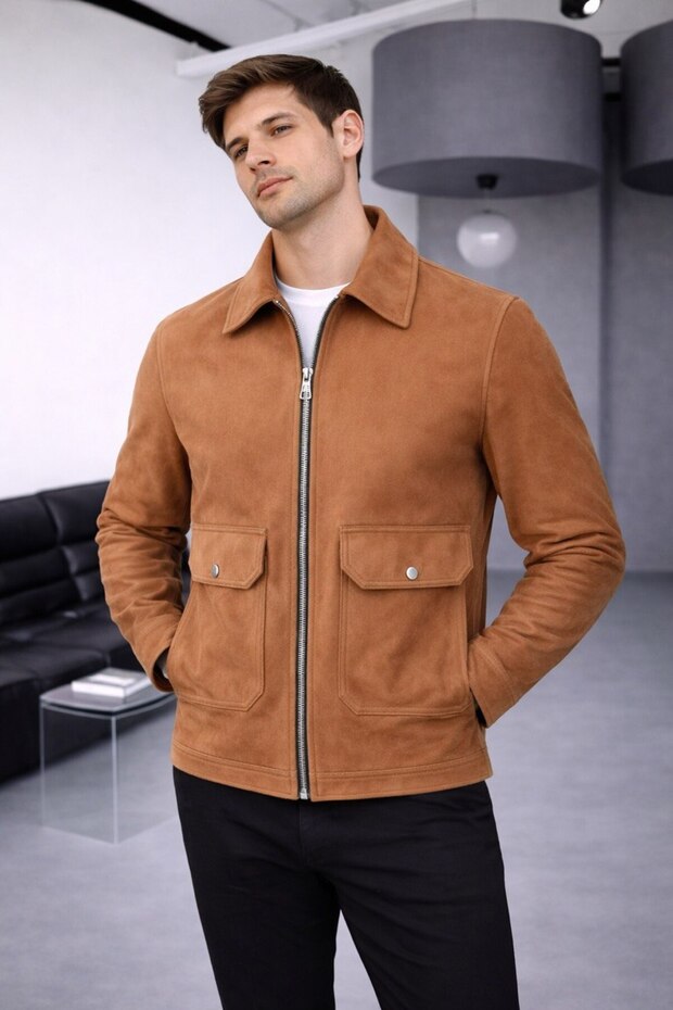 Cep Detaylı Basic Süet Ceket - 1