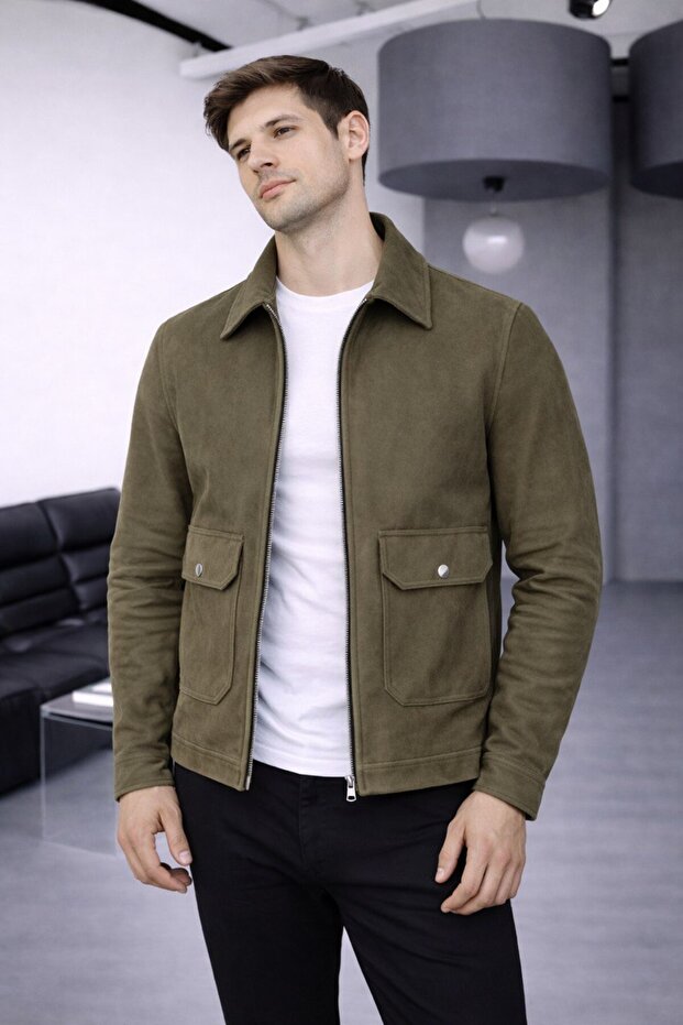 جاكيت من جلد الغزال الأساسي مع تفاصيل جيوب - 2