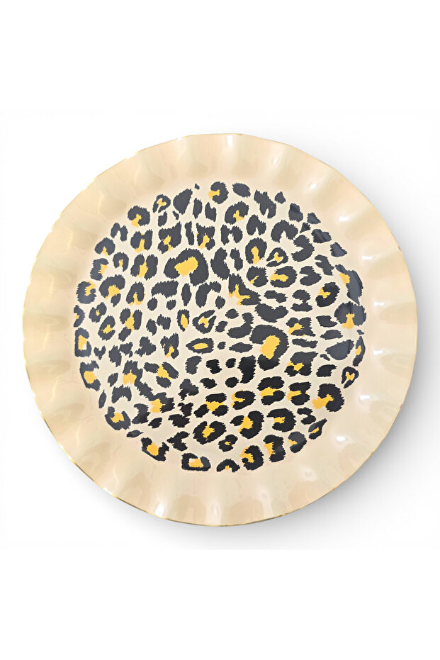 Leopard Patterned Cream Floor Cake Plate Set of 6 – Luxurious Presentation with Real Gold Gilding