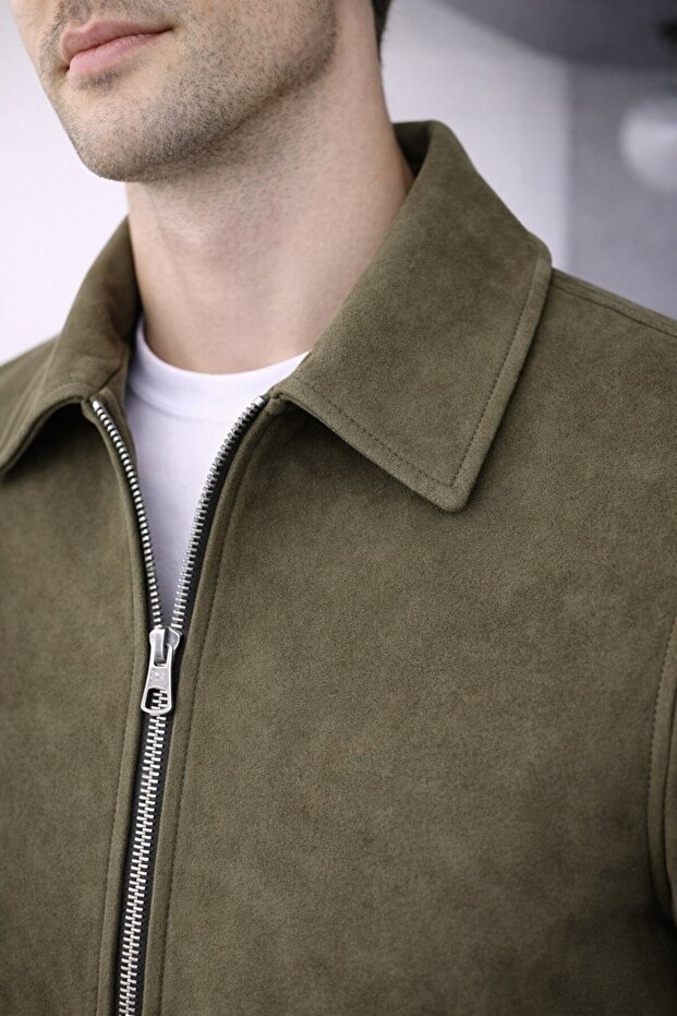 جاكيت من جلد الغزال الأساسي مع تفاصيل جيوب - 3