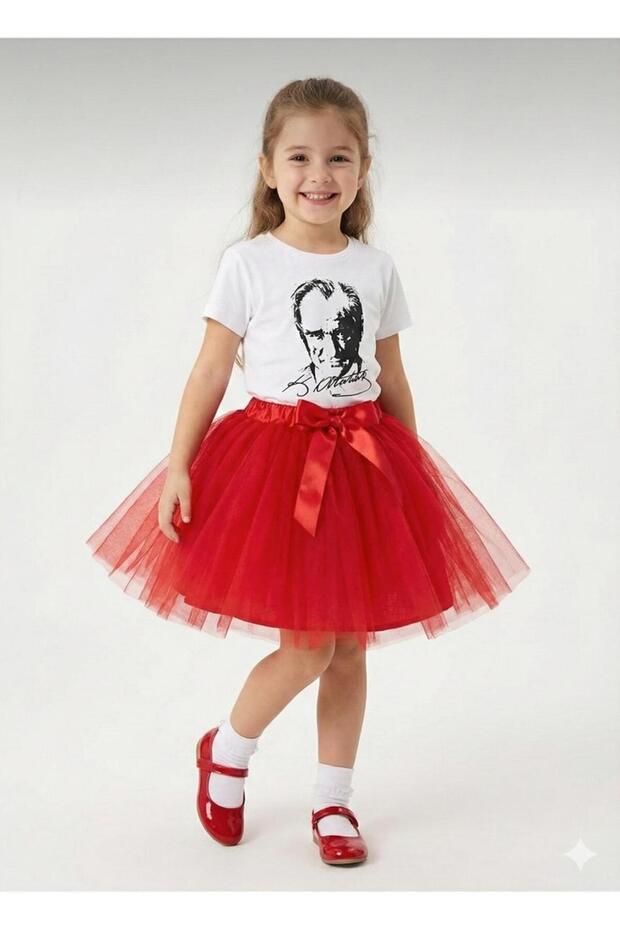 Girl's April 23 October 29 Performance Outfit Ataturk Printed Short Sleeve White T-Shirt Tutu Skirt Set