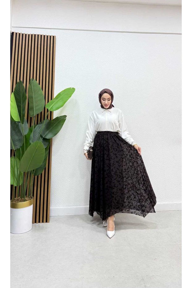 Flocked Tulle Fabric Hijab Skirt with Elastic Waist-1501