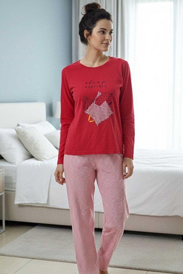 Women's Patterned Pajama Set-Red