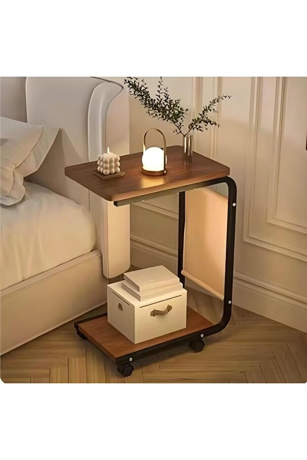 C-shaped side table with wheels, mobile side table with storage pocket