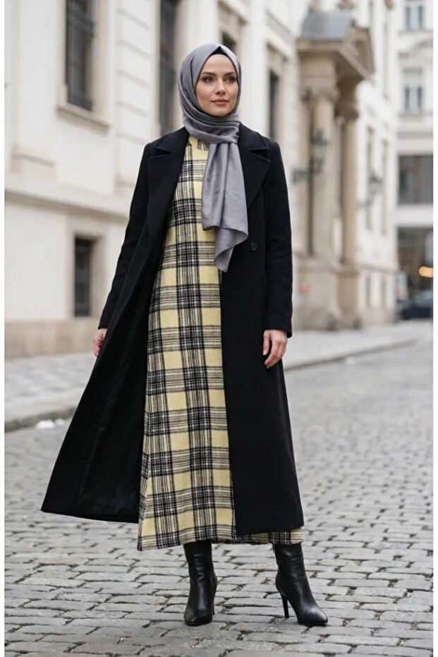 Plaid Patterned Lumberjack Winter Dress 2508-01 Yellow