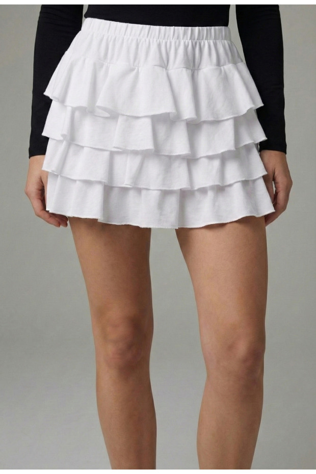 Women's White Ruffle Detailed Flounce Mini Skirt Shorts Nj81