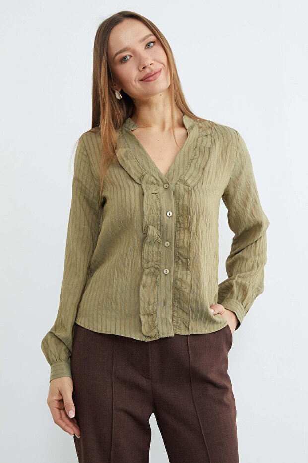 Ruffled Front Striped Jacquard Shirt
