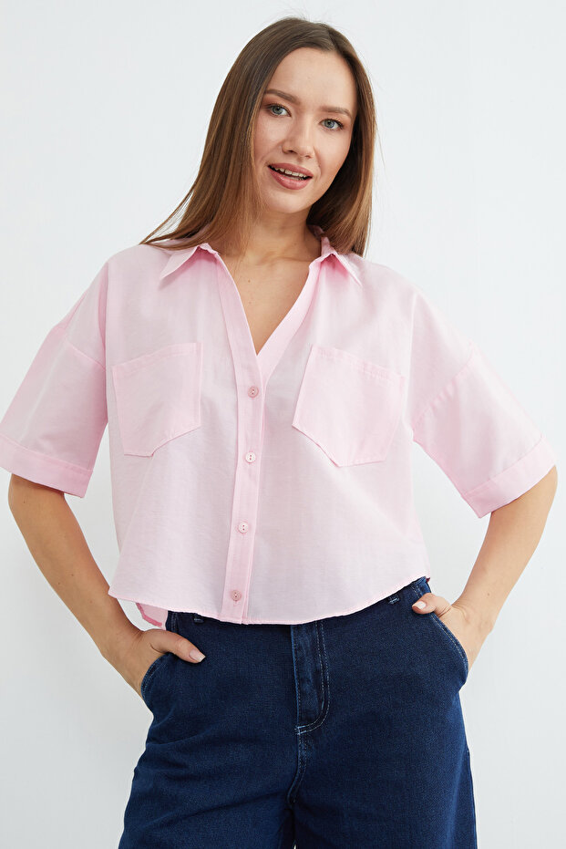 Çift Cepli Oversize Crop Gömlek - 3