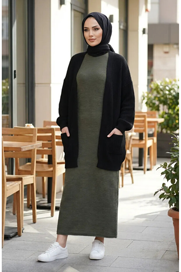 Textured Knitted Fabric Winter Dress 2511-03 Khaki