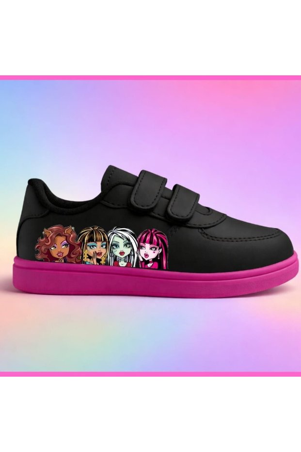 Fancy Crazy Girls Group Printed Black Pink Sole Velcro Fastening Girls' Sneakers