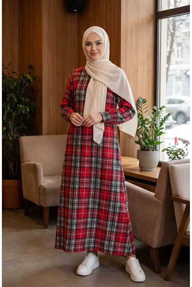 Plaid Patterned Lumberjack Winter Dress 2508-05 Red