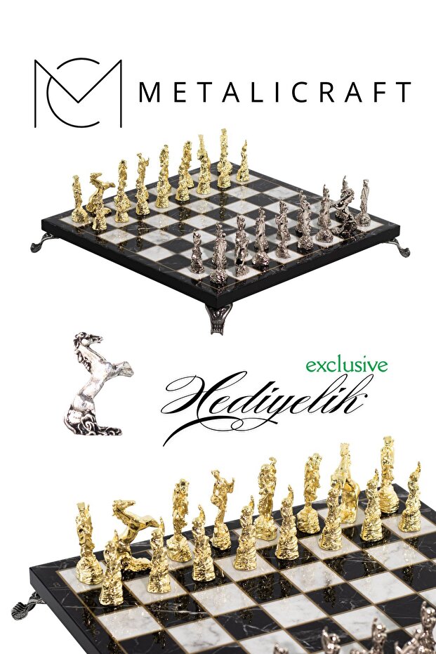 Mc58 Far East Figured Metal Chess Set - with Marble Patterned 25X25 Wooden Board - Luxury Gift