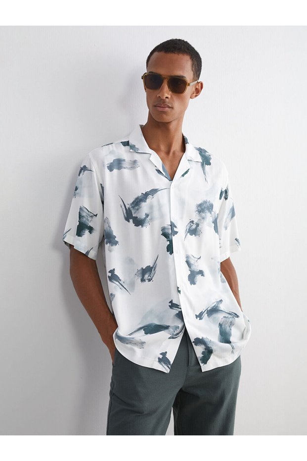 Ozmarka New Season Regular Fit Resort Collar Short Sleeve Patterned Viscose Men's Shirt