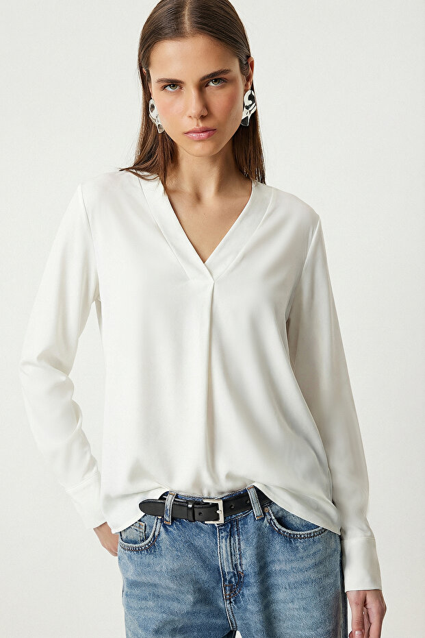 V-Neck Long Sleeve Blouse Lex0013 Ecru