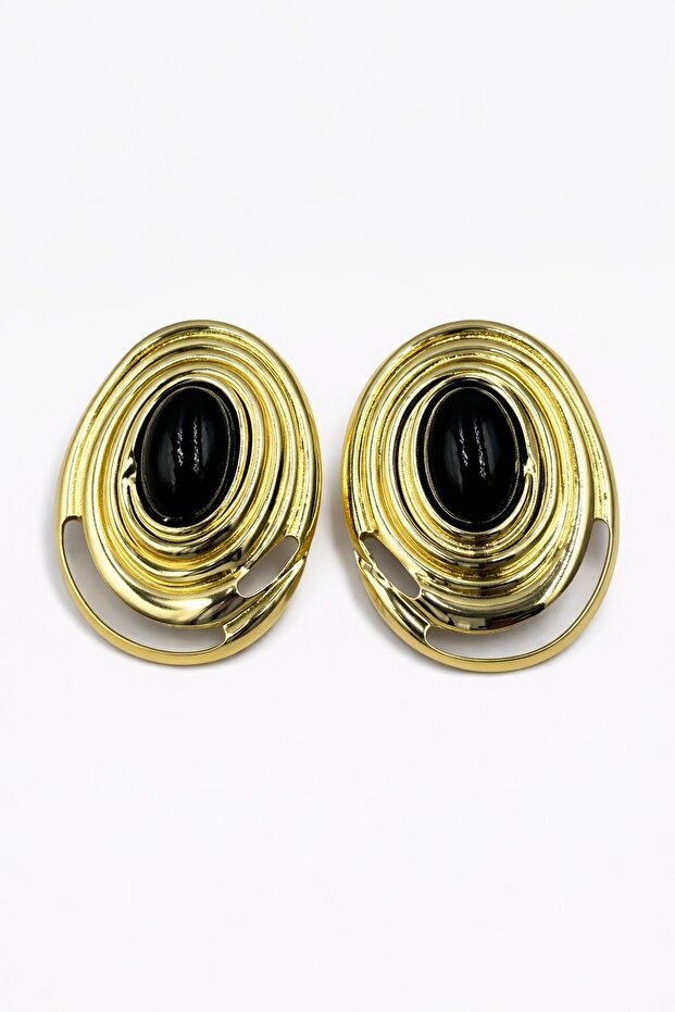 Luxury Yellow Steel Arcane Earrings - Oval Stud Earrings with Black Detail