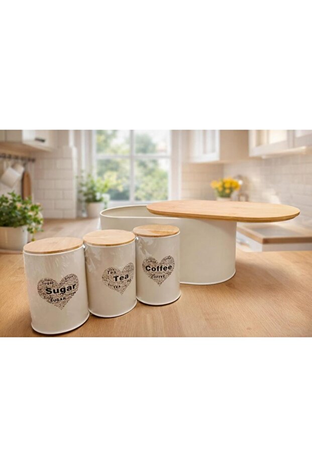 Beige White Metal Bread Box with 3 Piece Canister Set | Food Storage For Loaves, Tea, Sugar, Coffee