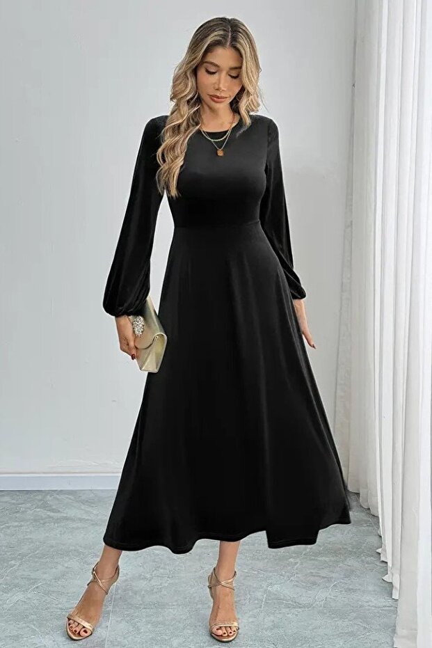 JANES Bisiklet Yaka Kadife Midi Elbise - 5