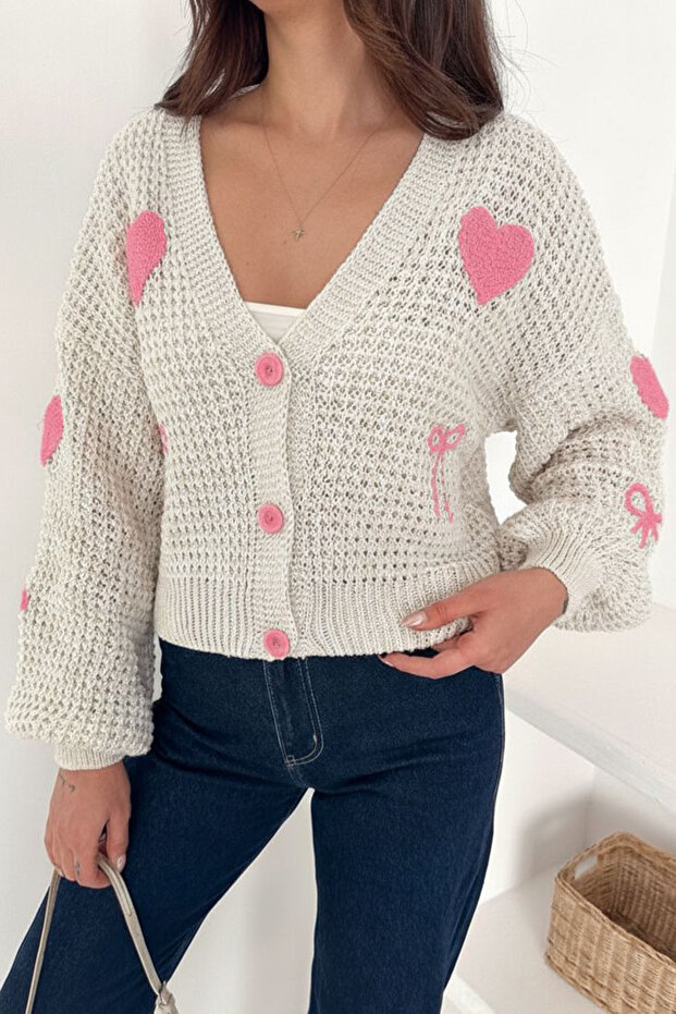 Women's Heart and Bow Pattern Embroidered Knit Cardigan – Love Knit