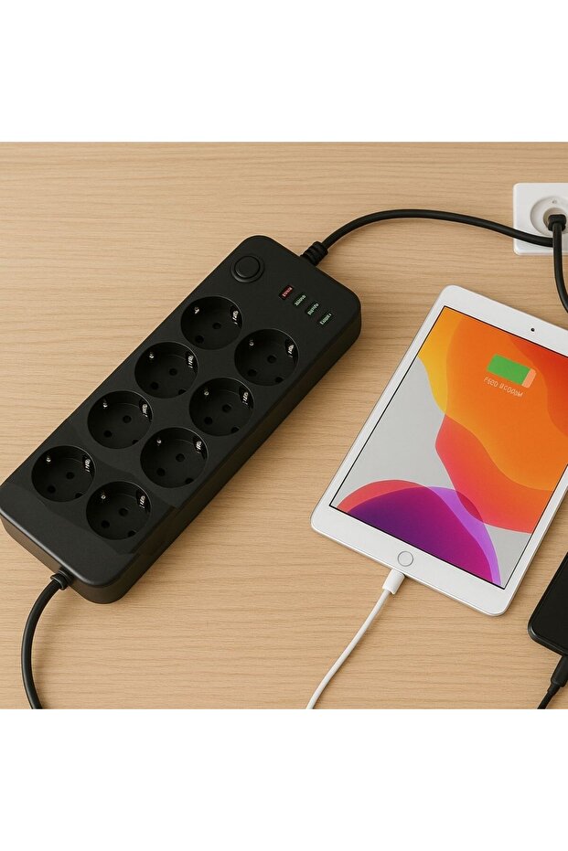 BUFFER ®   كابل تمديد حراري منافذ مع حماية من التيار الزائد - 8 منافذ، 2 منفذ USB و2 منفذ Type-C، مقبس متعدد قوي TY - 3