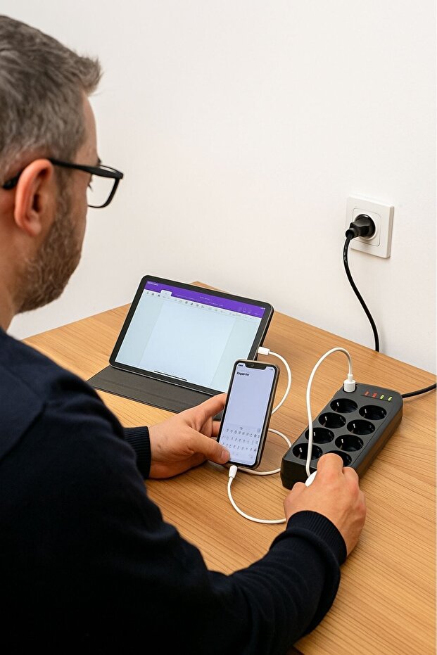 BUFFER ®   كابل تمديد حراري منافذ مع حماية من التيار الزائد - 8 منافذ، 2 منفذ USB و2 منفذ Type-C، مقبس متعدد قوي TY - 5