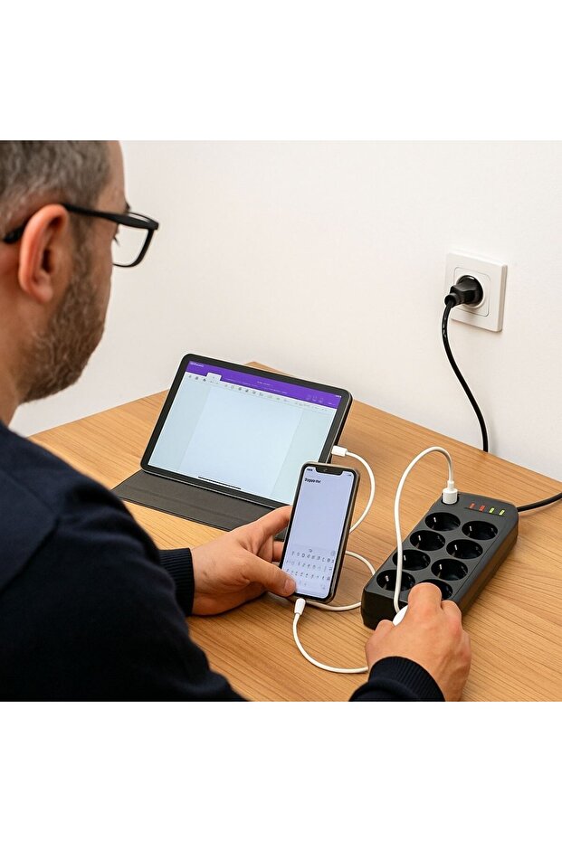 BUFFER ®   كابل تمديد حراري منافذ مع حماية من التيار الزائد - 8 منافذ، 2 منفذ USB و2 منفذ Type-C، مقبس متعدد قوي TY - 2