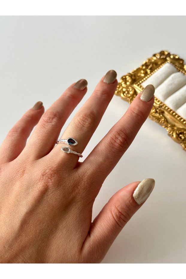 Steel Drop Blue Stone Ring Adjustable