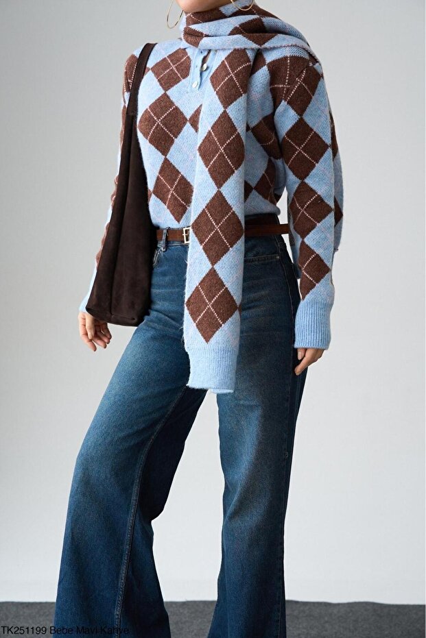 Polo Collar Alya Baklava Pattern Premium Soft Scarf Sweater Set