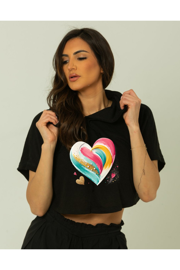 Trend Mix Mixed Printed Hooded Short Sleeve Women's Black Crop Tshirt
