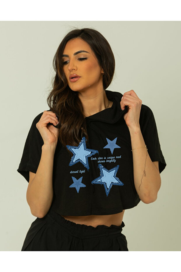 Trend Mix Mixed Printed Hooded Short Sleeve Women's Black Crop Tshirt