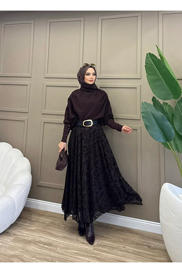Women's Bitter Brown Flock Printed Floral Patterned Tulle Lined Seasonal Long Skirt