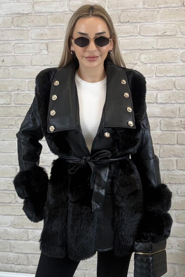 Imported Black Leather Jacket with Fur Detail and Tie-Up Design for Women