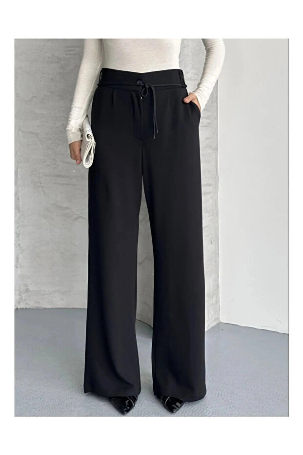 Women's Black High-Waisted Tie-Up Wide-Leg Flowy Soft Modal Fabric Trousers
