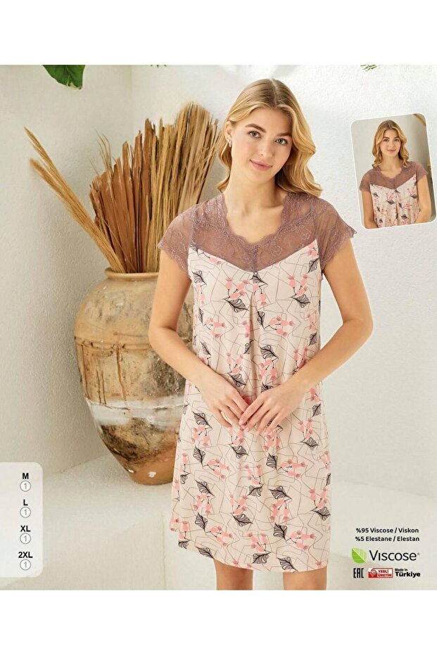Women's Short Sleeve Lace Detailed Floral Pattern Mini Length Nightgown