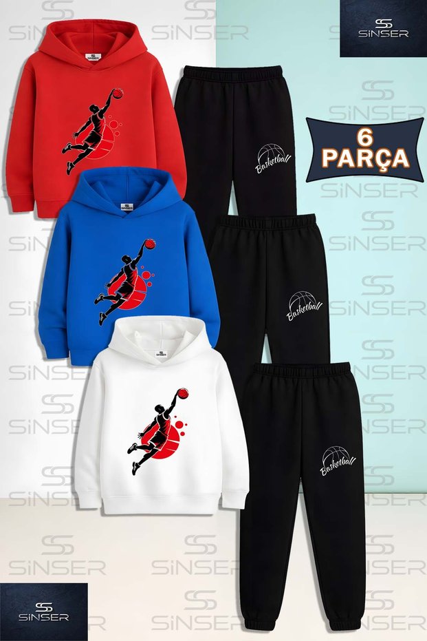 Children's Unisex Basketball Player Red Black 3-Piece Hooded Tracksuit Set