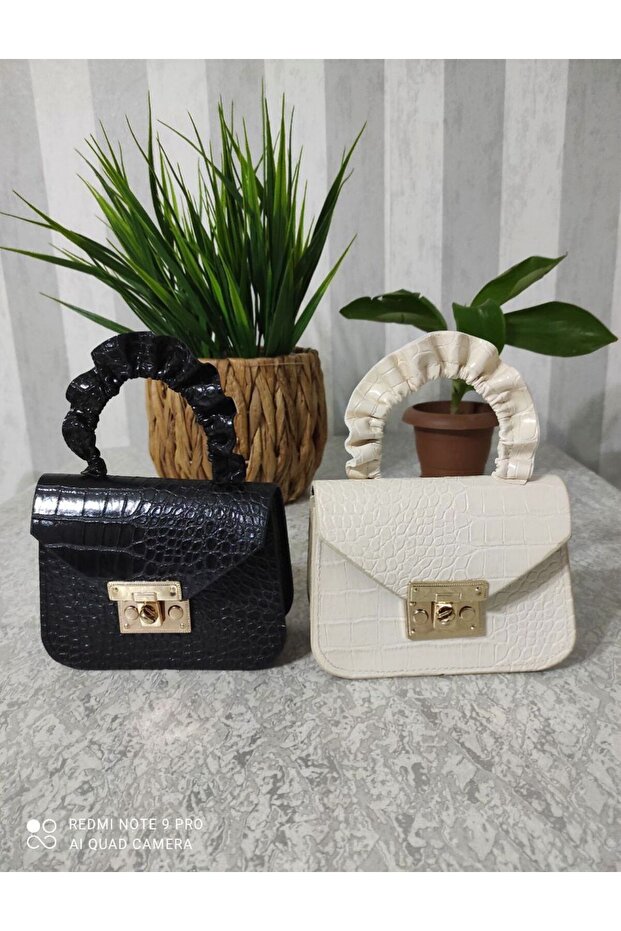 - Crocodile Patterned Mini Leather Bag with Drawstring Handle - 3