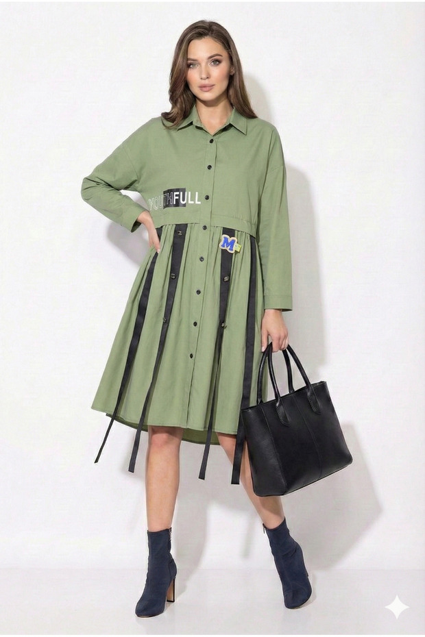 Tasarım Şerit Detaylı Gömlek Elbise - 4