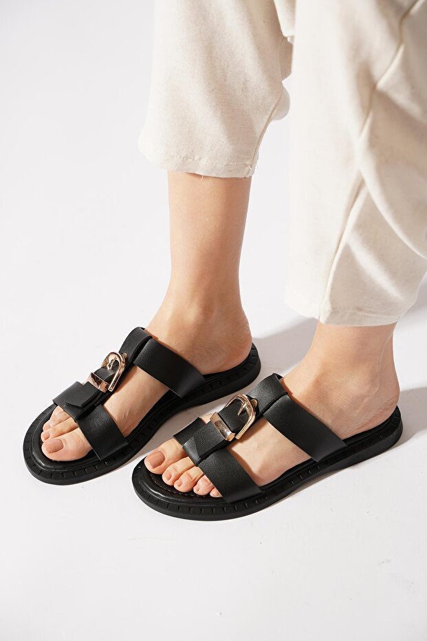Metener Mid-Post Buckle Women's Slippers Black Skin
