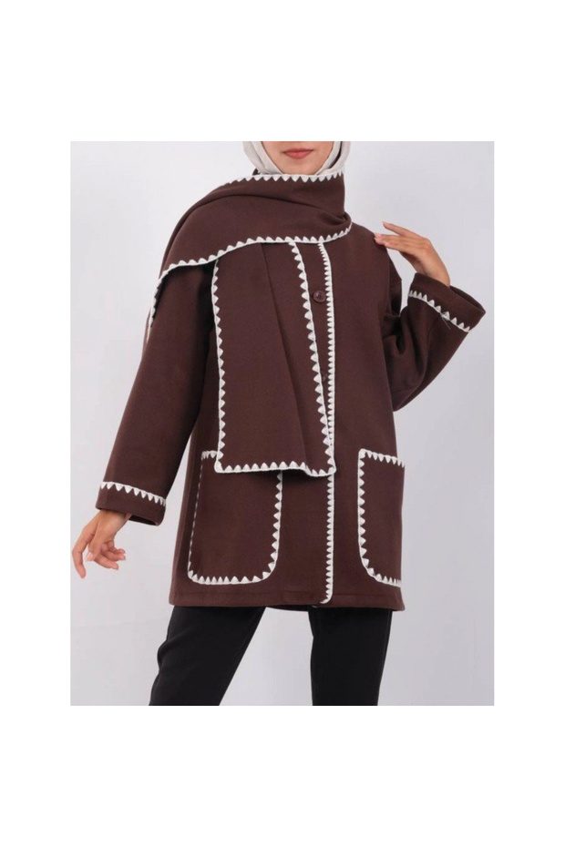 سترة بأزرار أمامية وجيب مزين بالشريط - بني - 3