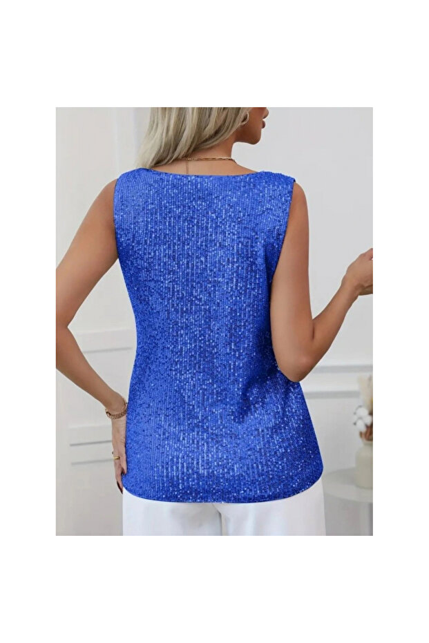 بلوزة بدون أكمام مطرزة بالترتر - أزرق بلون الكوبالت - 5