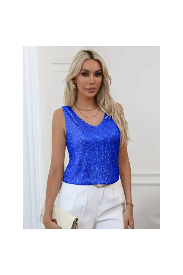 بلوزة بدون أكمام مطرزة بالترتر - أزرق بلون الكوبالت - 2