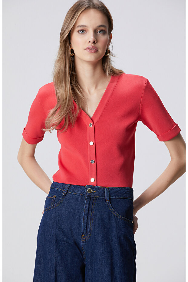 Nar Çiçeği Kısa Kol Triko Ceket - 1