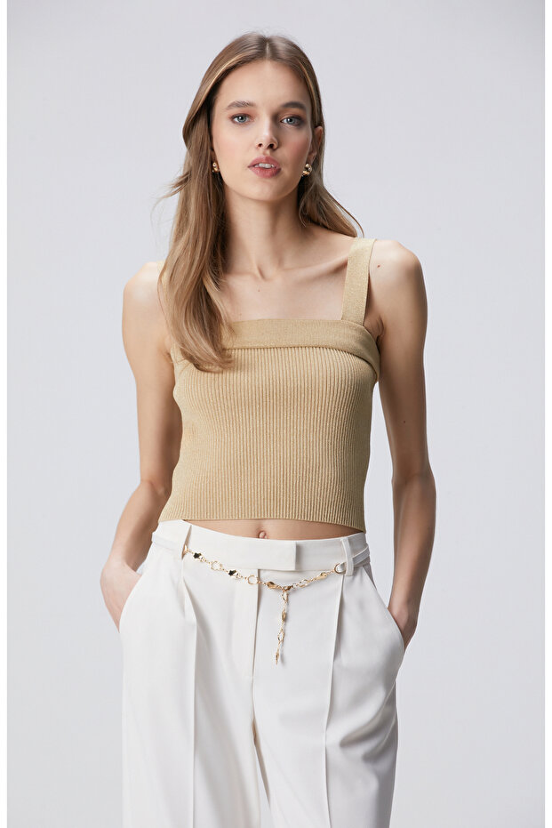 Bej Askılı Düz Yaka Triko - 4