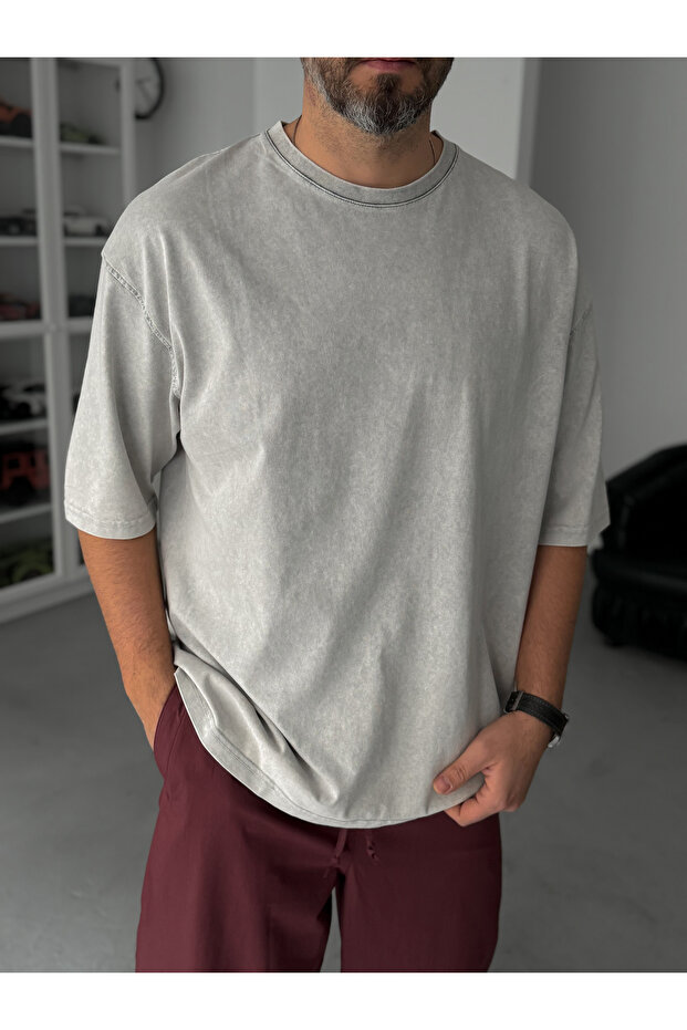 Gri Basic Yıkamalı Oversize T-Shirt JJ-295 - 2