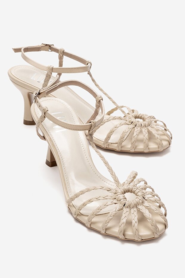 Gerald Beige Knitted Strap Women's Heeled Shoes