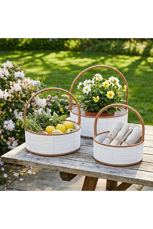 BUFFER ®   3 سلال بلاستيكية متداخلة من الروطان - لون أبيض، مقبض بني، متعددة الأغراض، مسطحة - 4